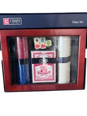 Chaps Poker Set Wood Case Chips Cards Dice Game Set Red White Blue Gift NEW
